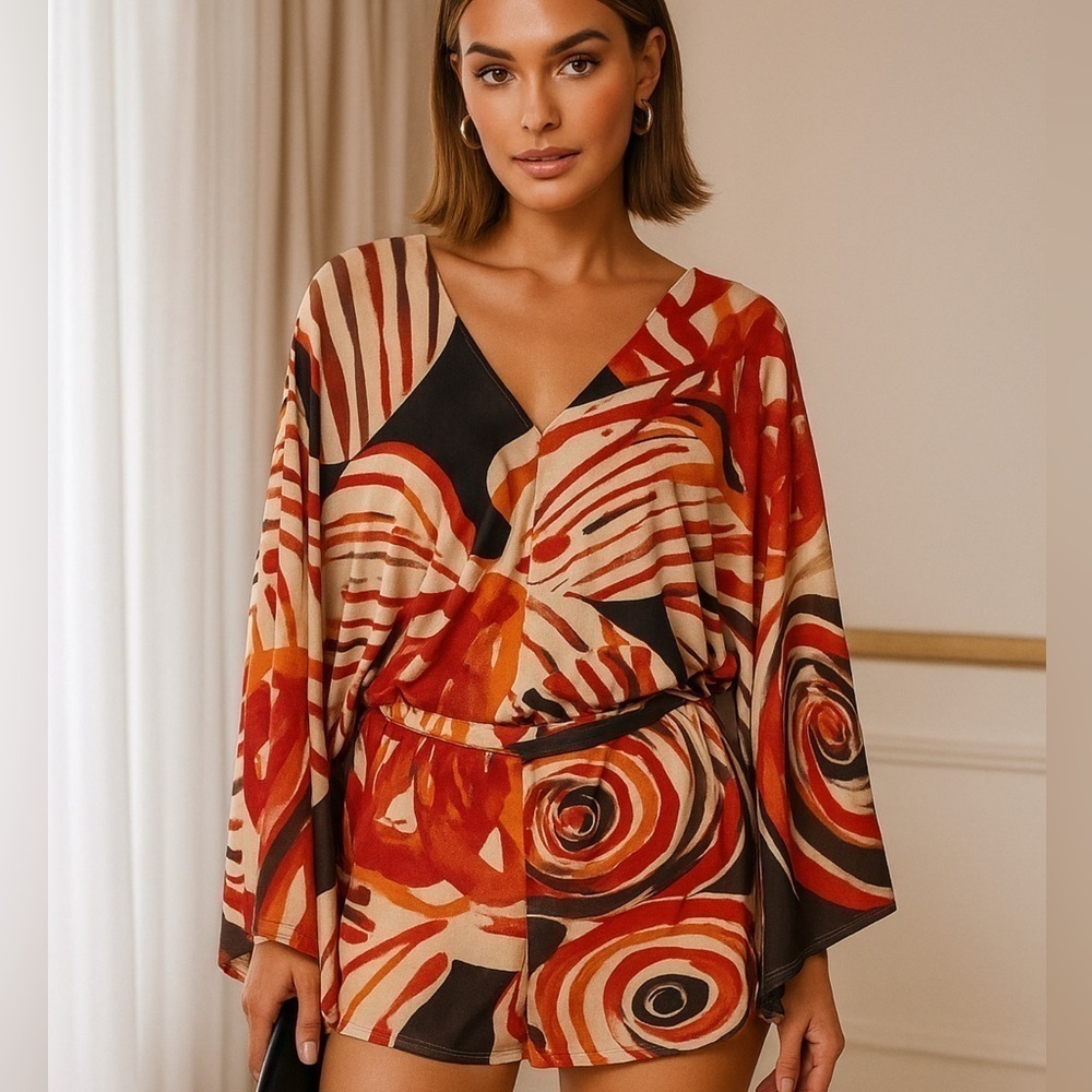 Alexis Multicolor Abstract Print Kimono Wide Sleeve Romper Playsuit XS